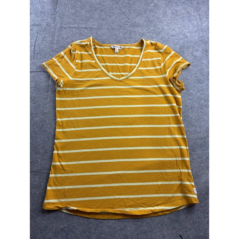 Toad&Co Womens L Mustard Yellow Striped V-Neck Organic Cotton T-Shirt Granola